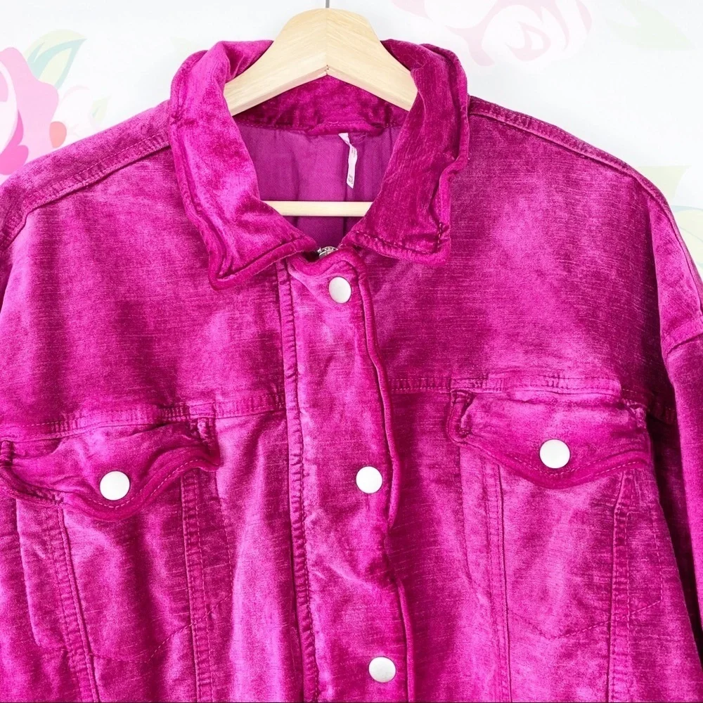 NEW Free People Magenta Pink Velvet Trucker Oversized Jacket M L